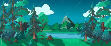 Vector illustration of a forest landscape, mountains and a river at night. Cartoon style ...