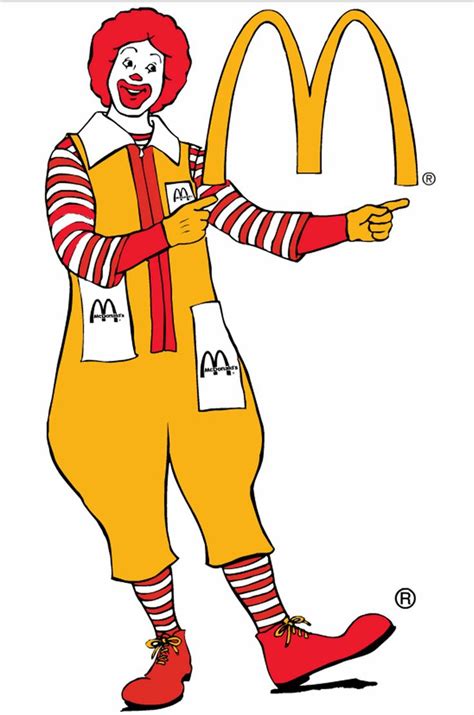 a clown holding a mcdonald's sign in his hand and pointing to the side