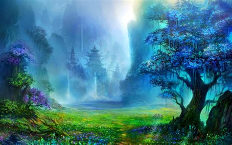 fantasy Art, Pagoda, Asian Architecture, Trees, Waterfall, Artwork, Mountain, Digital Art ...