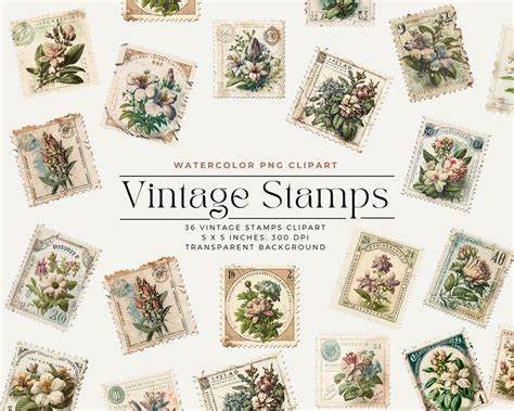 Vintage Flower Stamps Clipart, Vintage Stamps Floral Postal Stamps ...