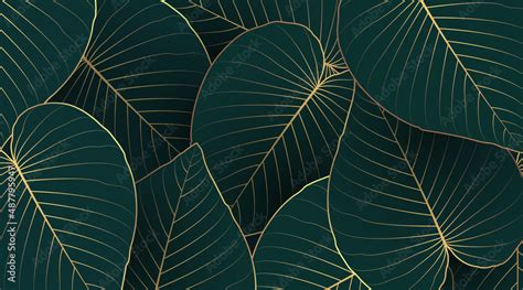 Luxury nature leaf background design with golden line arts on dark green background color ...