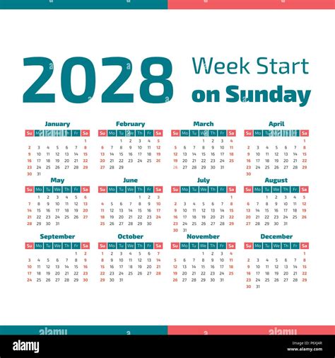 Simple 2028 year calendar, week starts on Sunday Stock Vector Image & Art - Alamy