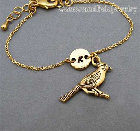 Cardinal charm bracelet bird charm antique gold initial