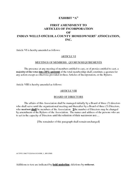 First Amendment To Articles Of Incorporation – Indian Wells HOA