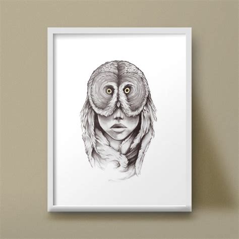 Art Print Owl Drawing Female Face Mask Feathers Portrait