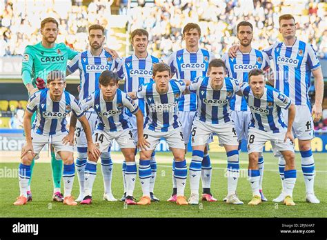 Players of Real Sociedad line up for a team photo prior to the LaLiga ...