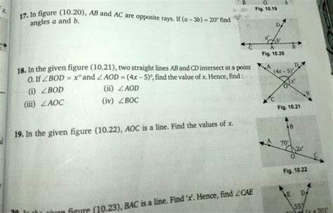 In figure (10.20), AB and AC are opposite rays. If (a−3b)=20∘ find angles..