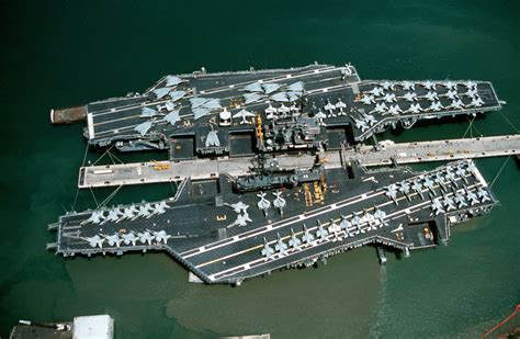 Can you say Tomcat? Aerial view of USS Independence (CV-62) and USS Midway (CV-41) moored at ...