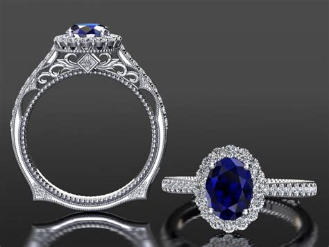 Platinum Sapphire Engagement Ring, Sapphire Wedding Set, Halo Engagement Ring, Blue Sapphire ...