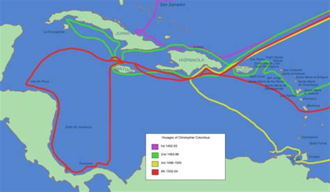 Map Outlining Columbus's Four Voyages to the New World