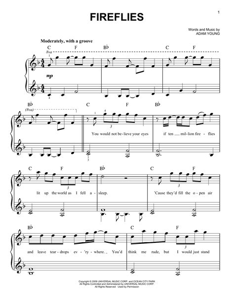 Fireflies sheet music by Owl City (Easy Piano – 74973)