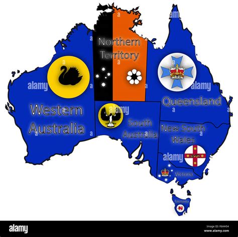 An Australian map outlining the territories with flag designs isolated on a white background ...