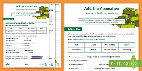 Add the Appositive Sentence Building Activity year 4 and 5