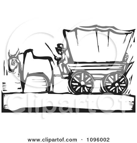 Pioneer And Ox With A Covered Wagon On The Oregon Trail Black And White Woodcut Posters, Art ...