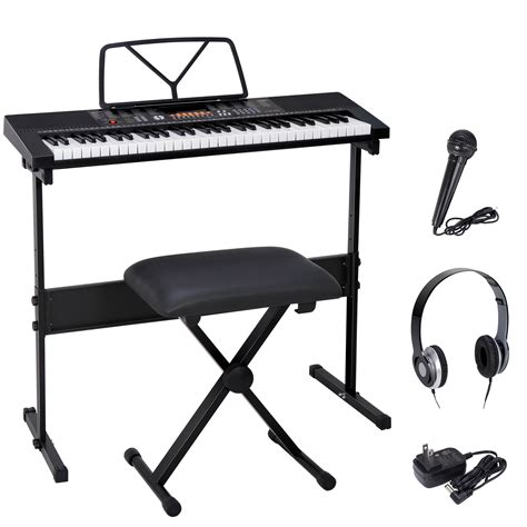 61-Key Portable Electronic Keyboard Piano LED Display Keyboard Kit with Adjustable Stand, Stool ...