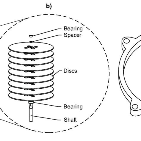 Tesla turbine design. (a) Top level components. (b) Detail view of the ...