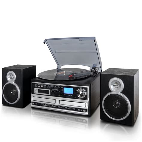 Trexonic 3-Speed Turntable With CD Player, CD Recorder, Cassette Player, Wired Shelf Speakers ...