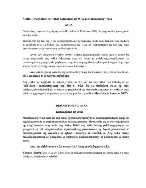 (DOC) Aralin 1: Pagkatuto ng Wika: Kahulugan ng Wika at Kalikasan ng ...