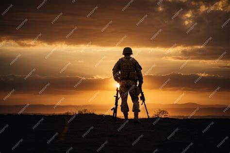 Premium AI Image | Military Pride Army Soldier in Fiery Sunset Silhouette Military concept