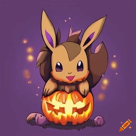 Eevee dressed as a pumpkin for halloween