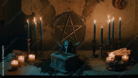 Occult grimoire, black magic book laying on table with occult symbols, candles, pentagrams ...