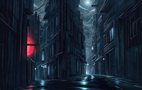 Premium AI Image | anime style a dark street with a dark city and a dark building