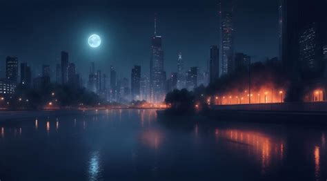 Premium AI Image | Night view of the city by the river with a full moon