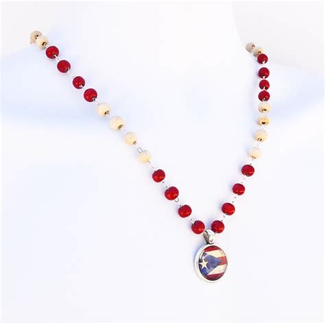 Puerto Rico Flag Necklace Pendant Beaded Chain Wooden Beads Bandera Boricua Gift - Necklaces ...