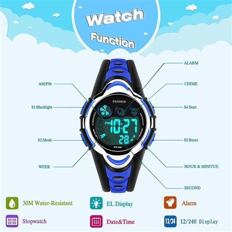 PASNEW Kids Watches, Multifunction Cool Round Lightweight Waterproof ...