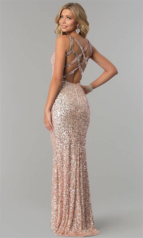 Long Sequin Caged-Back Prom Dress | Gold prom dresses, Prom dresses ...