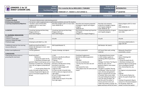 DLL Mathematics 5 Q3 W3 - GRADES 1 to 12 DAILY LESSON LOG School: Grade Level: V Teacher: File ...