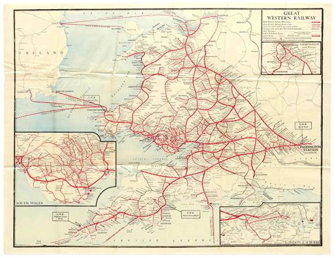 Original vintage colour railway map of the Great Western Railway, includes details, to larger sca