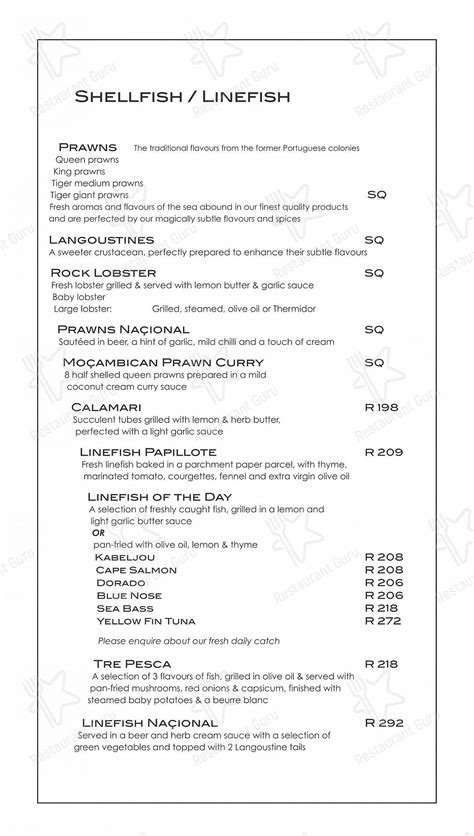 Menu at Baía Seafood Restaurant - V&A Waterfront, Cape Town