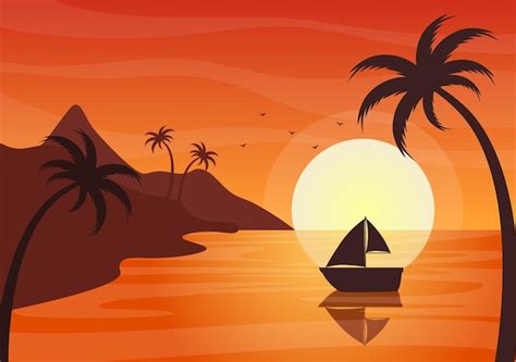 Premium Vector | Sea Sunset Landscape of Sun Above Ocean with Clouds, Water Surface, Palm Tree ...