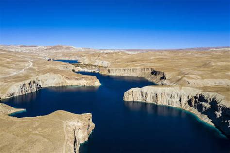 Aerial of the deep blue lakes of the Band-E-Amir National Park, Afghanistan, Asia stock photo