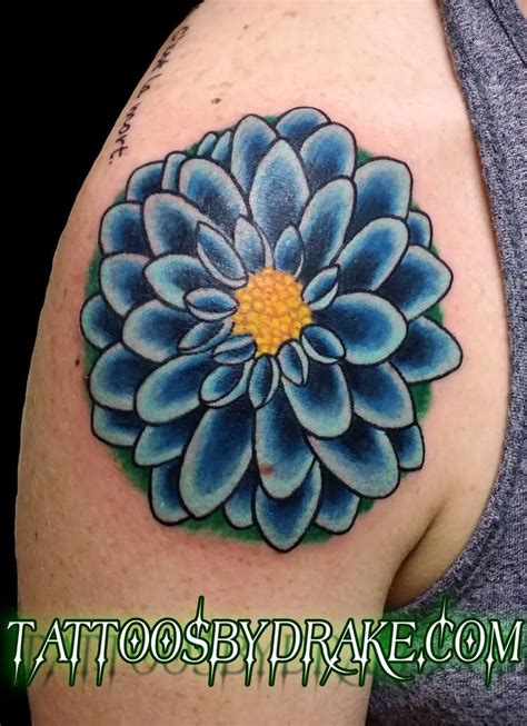 Blue Ink Dahlia Flower Tattoo Design For Shoulder | Tattoo designs, Dahlia tattoo, Dahlia flower ...