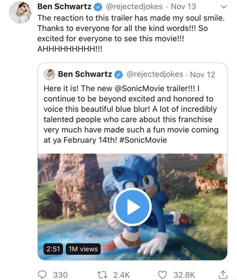 Ben Schwartz (VA of Movie Sonic) is extremely happy with the latest trailer! : r/SonicTheMovie