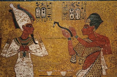 Opening of the Mouth. Scene depict pharaoh Aye in leopard skin and Tutankhamun, his predecessor ...