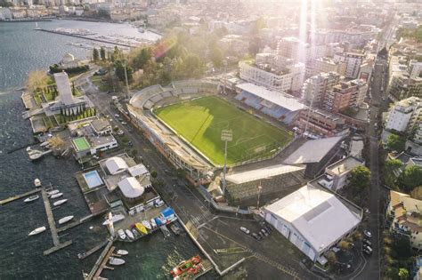 Aerial view of Como with football stadium, Italy stock photo