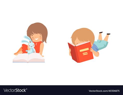 Little girl and boy enjoying reading book Vector Image