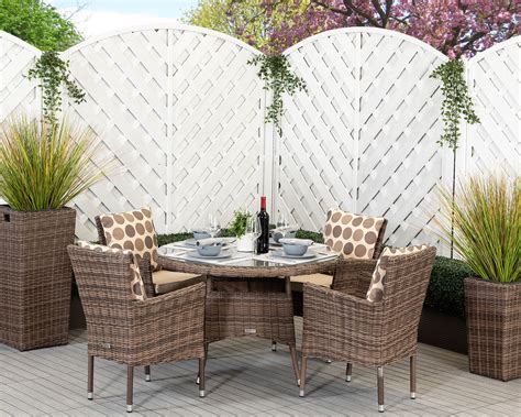 Small Round Rattan Garden Dining Table & 4 Stackable Chairs in Brown ...