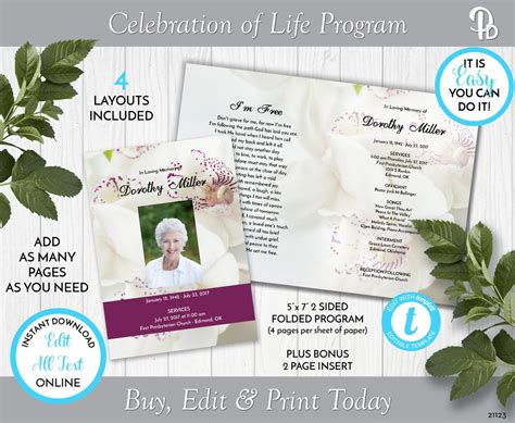 White Orchid Funeral Program Template Obituary/order of | Etsy