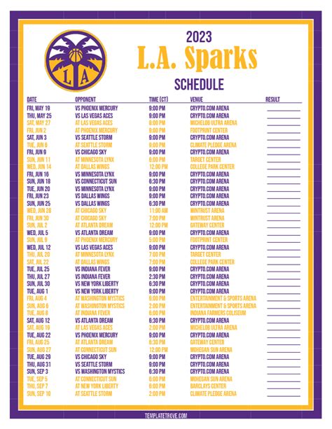 Printable2023 Los Angeles Sparks Basketball Schedule