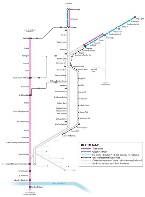 Map of Great Northern and Thameslink services on 18 and 19 February