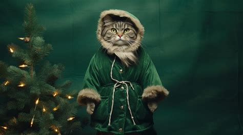 Premium AI Image | A fluffy cat in a festive costume stands near a fir ...