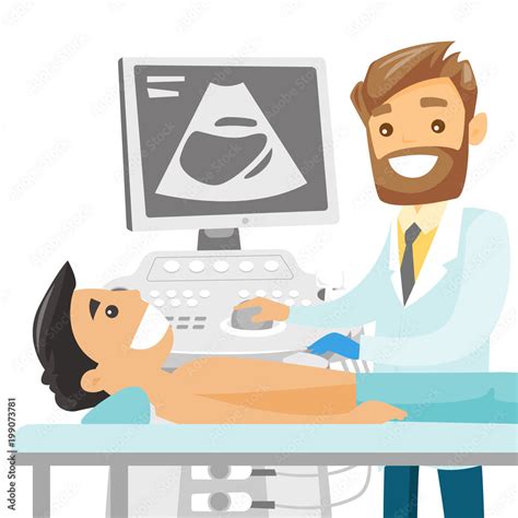 Caucasian white operator of an ultrasound scanning machine analyzing the liver of patient. Young ...