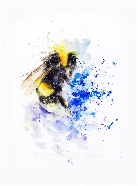 Bumble Bee Original Watercolor Painting, Bumblebee Watercolor, Flowers Watercolor, Original ...