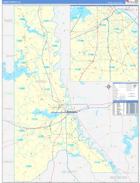 Caddo County, LA Zip Code Wall Map Basic Style by MarketMAPS - MapSales