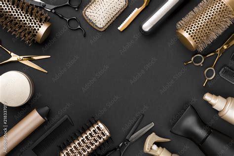 Hairdresser tools on black background with copy space in center Stock ...