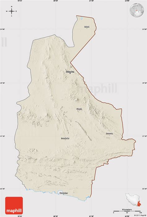 Shaded Relief Map of Sistan and Baluchestan, cropped outside